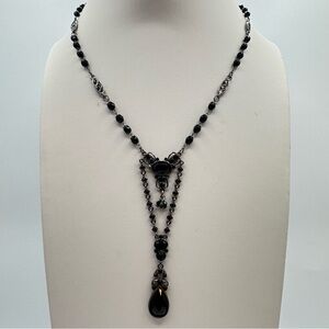 Black Beaded Y-Drop Necklace w/ Teardrop Pendant – Silver Tone Statement